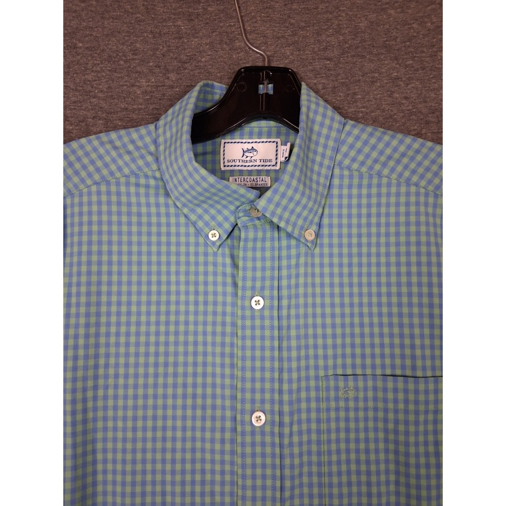 Southern Tide Mens Shirt M Blue Green Check Plaid Gingham Nylon Intercoastal